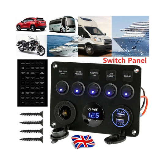 5-Gang 24V/12V Inline Fuse Box LED Switch Panel Dual USB