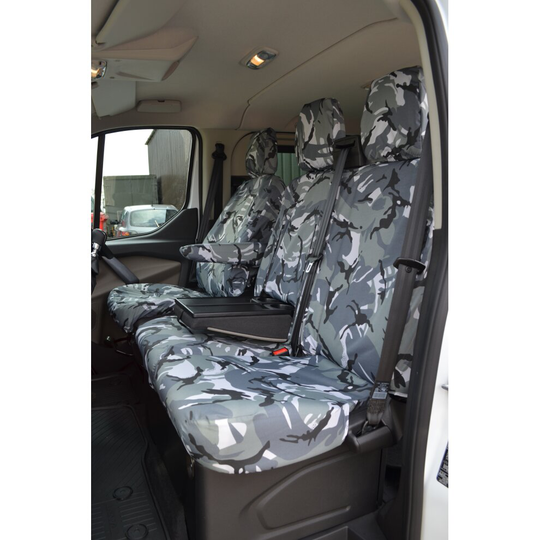 (Grey Camouflage, Driver's Seat & Double Passenger [With Worktray]) TURTLE COVERS Ford Transit Custom 2013+ Seat Covers