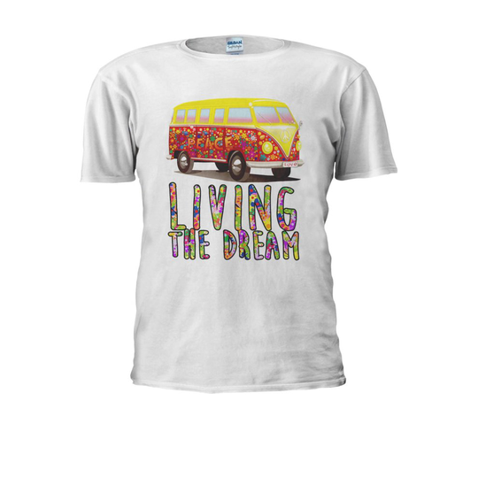 (Large, White) Camper Van Living The Dream Surf Novelty Men Women Unisex Top T Shirt