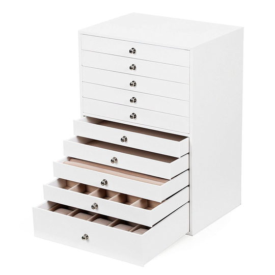SONGMICS Extra Large Jewellery Box 10 Layer Storage Case Organizer with Drawer White Faux Leather JBC10W