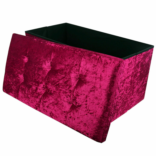 (Plum) Large 2 Seater Crushed Velvet Foldable Ottoman Storage Box Double Bed Foot Stool