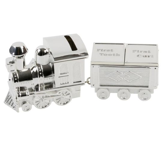 Bambino Silver Plated Train Money Box & First Tooth and Curl Carriage