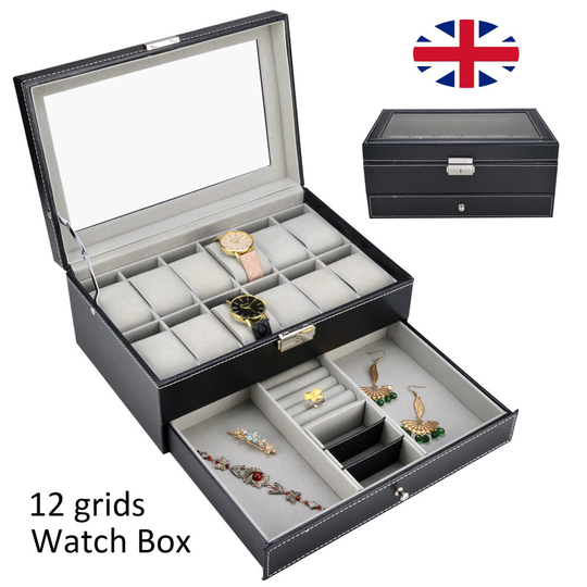 12 Grid Jewelry Watch Box Mens Jewelry Display Drawer Tray Glass PU