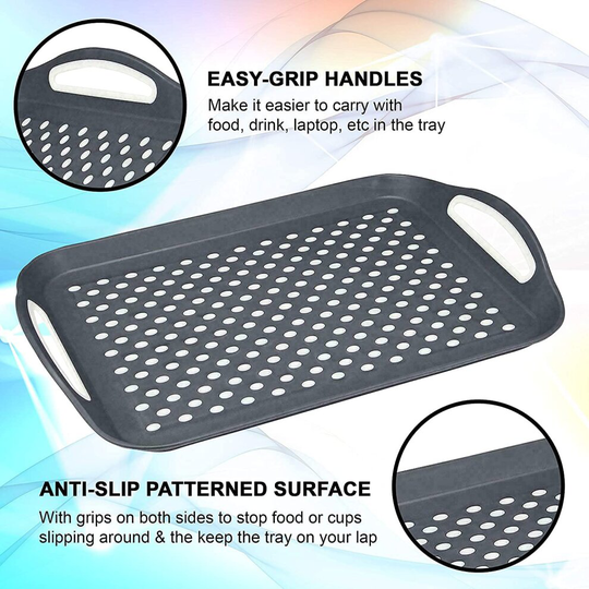 GREY ANTI SLIP TOP BOTTOM PLASTIC SERVING TRAY RUBBER GRIP BASE HANDLE