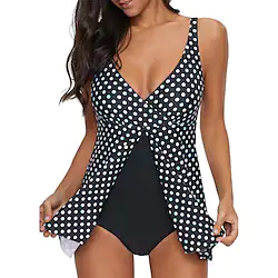 Women's Swimwear One Piece Swim Dress Plus Size Swimsuit Tummy Control Open Back Printing for Big Busts Polka Dot Black Padded V Wire Bathing Suits New Casual Vacation / Modern / Padded Bras Lightinthebox