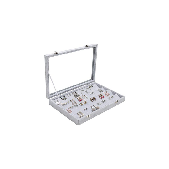 BELLE VOUS Grey Velvet Earring Display Tray Case Box with 40 Slots and Lid - 4 Tier Earring Jewellery Showcase Organiser Holder with Clear Transp