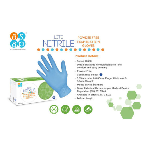 (LITE, Medium) Nitrile Powder Free Disposable Blue Gloves box 100