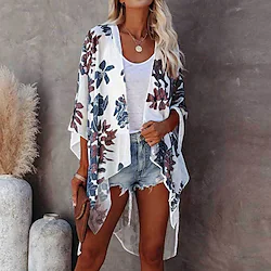 Women's Swimwear Cover Up Beach Top Plus Size Swimsuit UV Protection Printing Floral Leaves White V Wire Bathing Suits New Stylish Vacation Lightinthebox