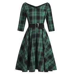 Women's Audrey Hepburn 1950s Swing Dress 100% Cotton Retro Vintage V Neck Flare Dress Black Watch Plaid Dailywear Tea Party 3/4-Length Sleeve Dress Christmas Lightinthebox