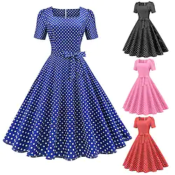 Audrey Hepburn Polka Dots 1950s Cocktail Dress Vintage Dress Spring Summer Dress Rockabilly Prom Dress Women's Adults' Costume Vintage Cosplay Homecoming Prom Vacation Short Sleeve Square Neck Dress Lightinthebox