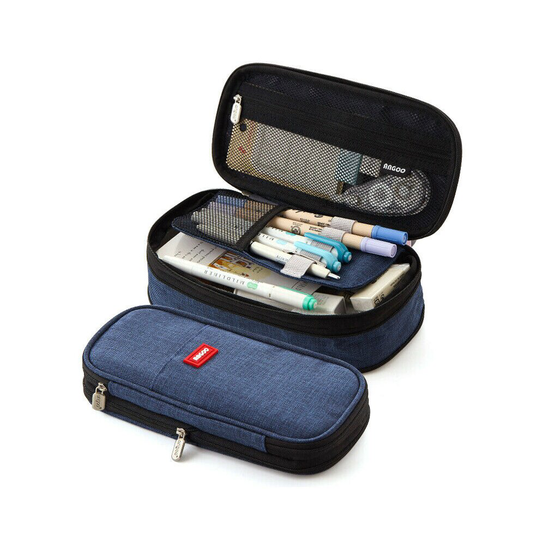 (Dark Blue) Large Pencil Case Double Zip Pen Bag Girls Make Up Bags Boys Stationery Box
