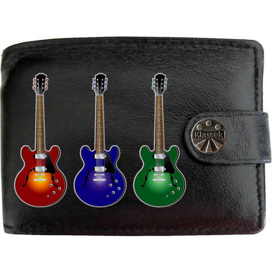 (Standard) Electic 3 Guitars Rock music Mens Wallet Chain Leather Coin Pocket Klassek RFID Blocking Credit Card Slots and Metal Gift Box