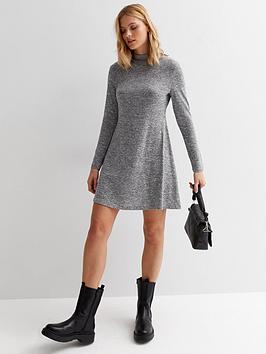 New Look Fine Knit High Neck Long Sleeve Mini Swing Dress - Grey, Grey, Size 10, Women