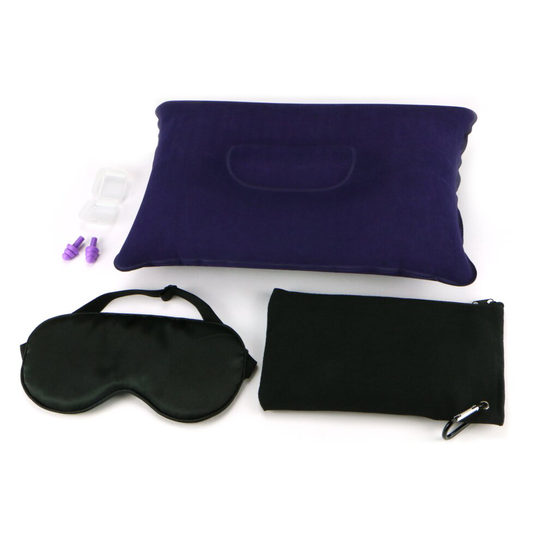 Compact Sleep Kit - Travel Set with Sleep Mask, Silicone Earplugs, and Inflatable Pillow in a Canvas Zip Pouch.