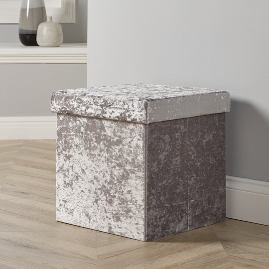 Folding Ottoman Silver Ice Velvet Fabric Chest Storage Space Saving Box