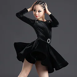 Latin Dance Dress Pleats Hollow-out Solid Girls' Training Performance Long Sleeve Velvet Lightinthebox