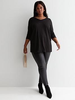 New Look Curves Black Fine Knit Long V Neck Top, Black, Size 30, Women
