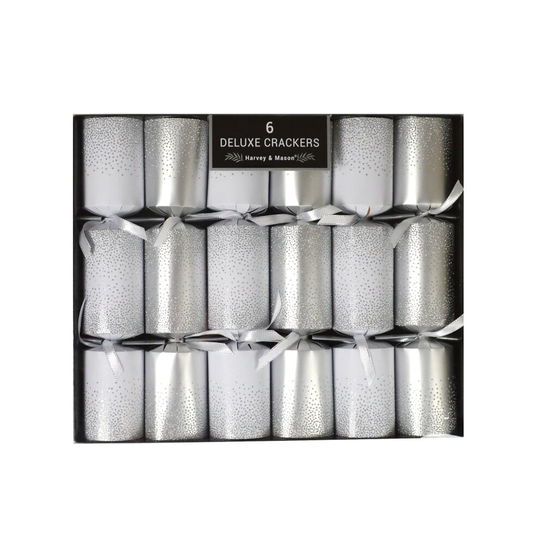 Christmas Crackers Luxury Silver Glitter Box of 6 Premium 13.5" Wide Barrelled