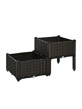 Outsunny Set Of 2 Raised Outdoor Garden Rattan Effect Planter Boxes
