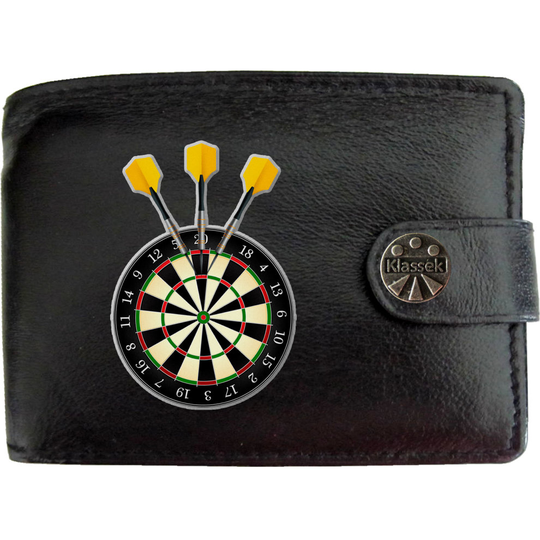 (Standard) Dartboard Yelllow Darts Players Mens Wallet Chain Leather Coin Pocket Klassek RFID Blocking Credit Card Slots and Metal Gift Box