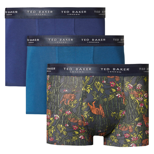 (XL, Medieval Blue/Gibraltar Sea/Navy Tiger) Ted Baker Mens 3 Pack Patterned Comfort Cotton Stretch Boxer Briefs