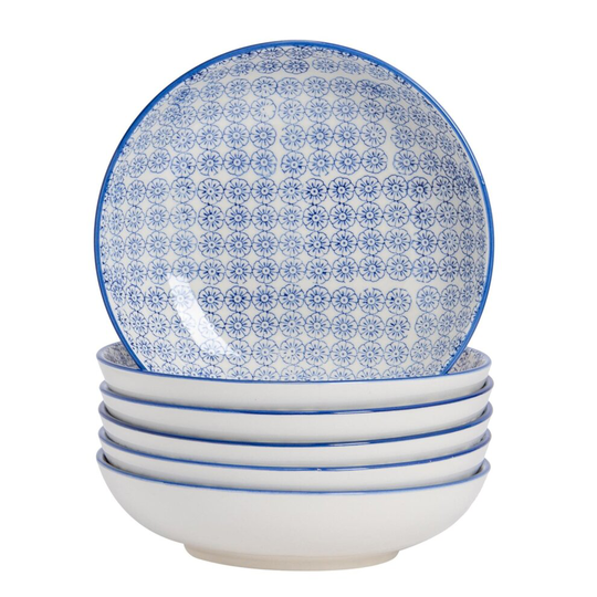 Large Pasta Bowls Dinner Set Patterned Porcelain Dining Bowl - Blue Flower x6