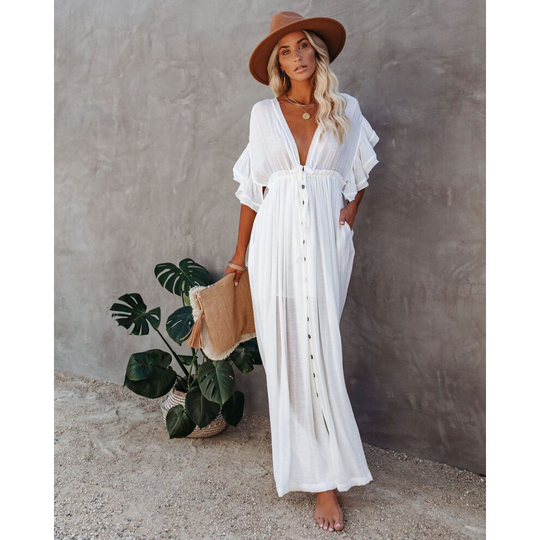 (white) Bikini Cover-ups Long White Tunic Casual Summer Beach Dress
