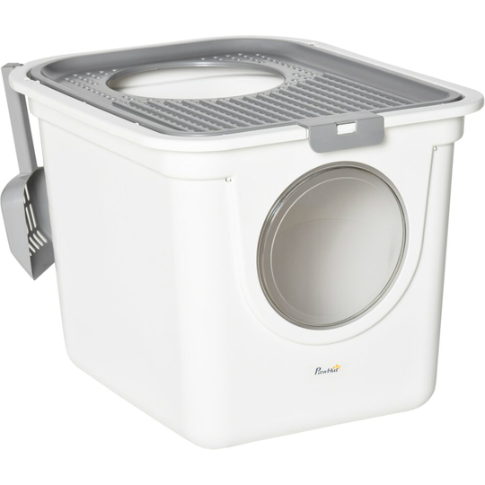PawHut Cat Litter Tray Pet Litter Box w/ Front Entrance, Top Exit