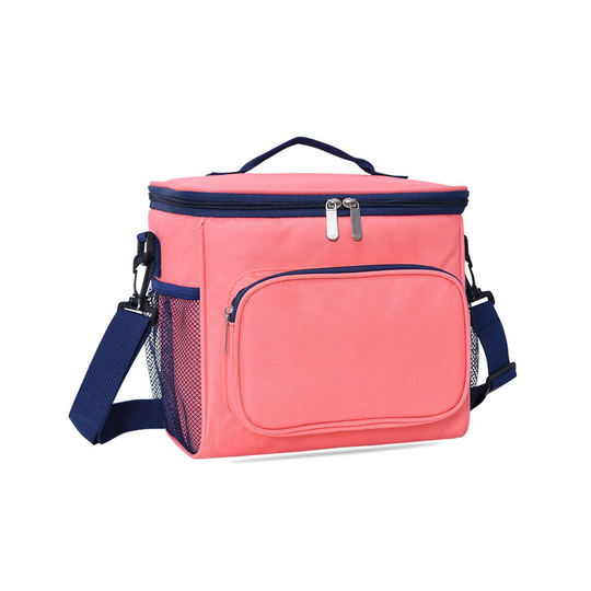 (pink) Insulated Reusable Lunch Bag Adult Large Lunch Box with Adjustable Shoulder Strap,Front Zipper Pocket and Dual Large Mesh Side Pockets