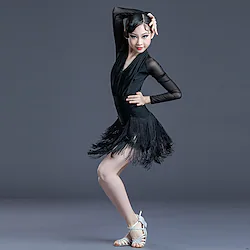 Latin Dance Kids' Dancewear Dress Tassel Pure Color Splicing Girls' Performance Training Long Sleeve Polyester Lightinthebox