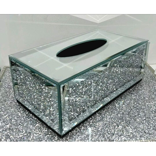 (Silver Crushed Crystal Tissue Box) SILVER CRUSHED DIAMOND CRYSTAL FILLED TEA COFFEE