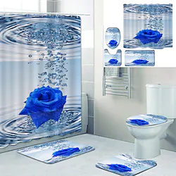 4 Piece Blue Rose Shower Curtain Sets with Non-Slip Rugs, Toilet Lid Cover and Bath Mat, Natural Shower Curtain with Hooks, Durable Waterproof Shower Curtain Lightinthebox