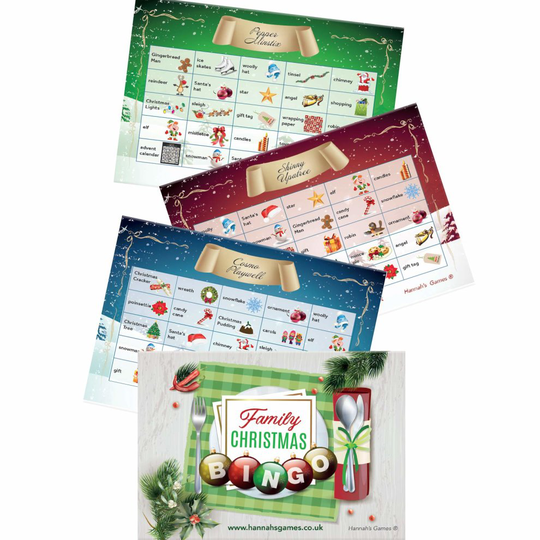 CHRISTMAS BINGO Christmas Games - 20 A6 Postcard size Xmas games bingo cards with images - christmas stocking fillers - christmas eve box fillers...