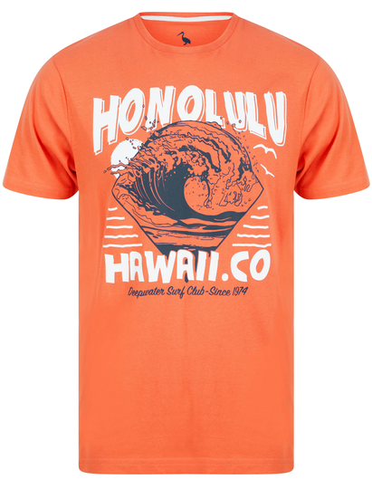 T-Shirts Honolulu Motif Cotton Jersey T-Shirt in Burnt Sienna Red - South Shore / S - Tokyo Laundry
