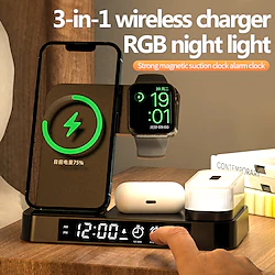 Alarm Clock RGB Night Light Wireless Charging Station 3 In 1 Fast Charger Station for AirPods Pro iPhone 13/12 Apple Watch Lightinthebox