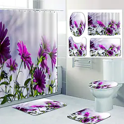 Beautiful Purple Flower Pattern Printing Bathroom Shower Curtain Set Polyester Toilet Four-Piece Design Inculde Bathtub Curtain and Mats Lightinthebox