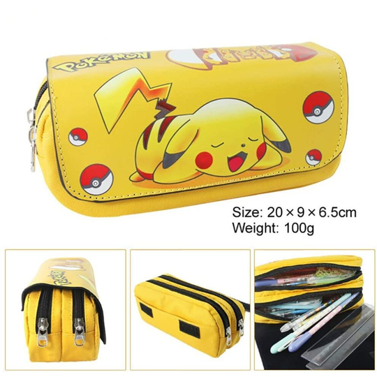 Cute Cartoon Anime Yellow Print Pikachu Canvas Pencilcase Zipper Waterproof Pencil Case Holder Stationery Box School Student Kids Birthday Gift