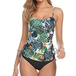 Women's Swimwear Tankini 2 Piece Plus Size Swimsuit Open Back Printing for Big Busts Leaves Green Camisole Strap Bathing Suits New Vacation Fashion / Modern / Padded Bras Lightinthebox
