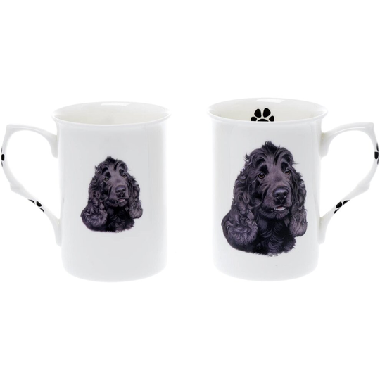 (BB22) Bone China Set of 2 Black Cocker Spaniel Dog Mugs - Gift Boxed