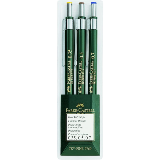 Faber-Castell TK-Fine-9760 Mechanical Pencils Wallet of 3 - 0.35, 0.5, 0.7mm, Green