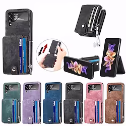 Phone Case For Samsung Galaxy Wallet Card Z Flip 4 Z Flip 3 Bumper Frame Wallet with Stand Solid Colored PC PU Leather Lightinthebox