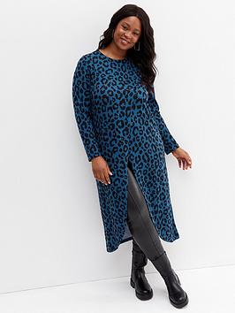 New Look Curves Blue Leopard Print Fine Knit Long Top, Print, Size 18, Women