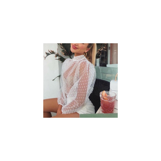 (XL, Black) Summer Sexy Women Polka Dot Mesh Sheer See-through Tops Bikini Cover-Ups Puff Long Sleeve Tops Blouse Shirts Beachwear Loose Top