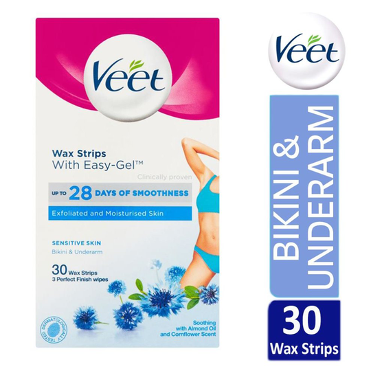 Veet Bikini & Underarm Hair Removal 30 Wax Strips Sensitive Skin Finish Wipes