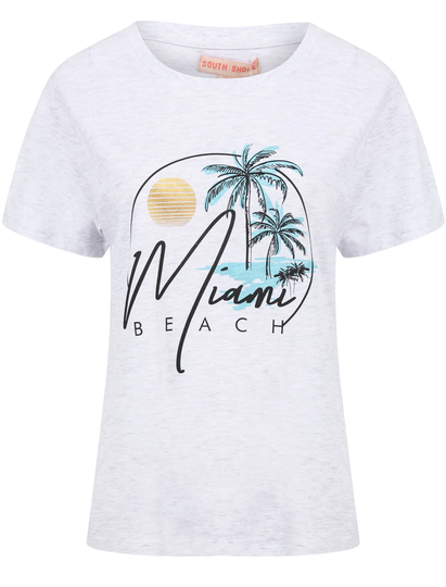 T-Shirts Miami Beach Motif Cotton Crew Neck T-Shirt in White Grey Marl - South Shore / 12/M - Tokyo Laundry