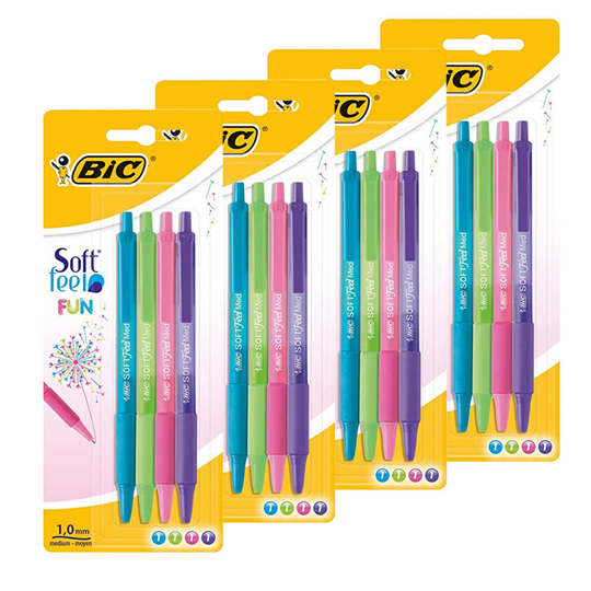 (4) Coloured Writing Pens Soft Feel Grip BIC 4 Pack Ink Medium Drawing Art Ballpoint