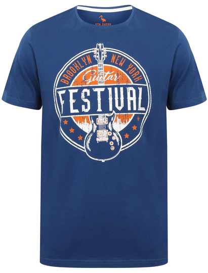 T-Shirts Guitar Festival Motif Cotton T-Shirt In Limoges Blue - South Shore / S - Tokyo Laundry