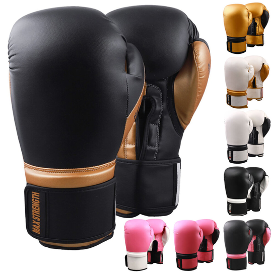 (Black/Golden, 12oz) MAXSTRENGTH® Boxing Gloves Professional MMA Sparring Punch Bag Training Mitts