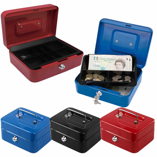 (Red, 12) Metal Cash Box Money Bank Deposit Steel Tin Security Safe Petty Key Lockable