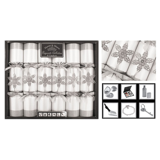 Exquisite Collection Box of 6 Premium Christmas Crackers 13.5" Wide Barrelled - Silver Snowflake Xmas Crackers Xmas Decorations Christmas Decorations